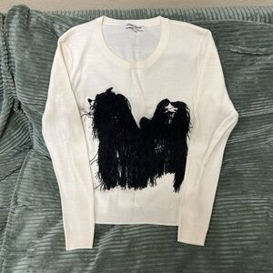 Opening Ceremony Ivory Crewneck Sweater with Black Fringe Appliqué
